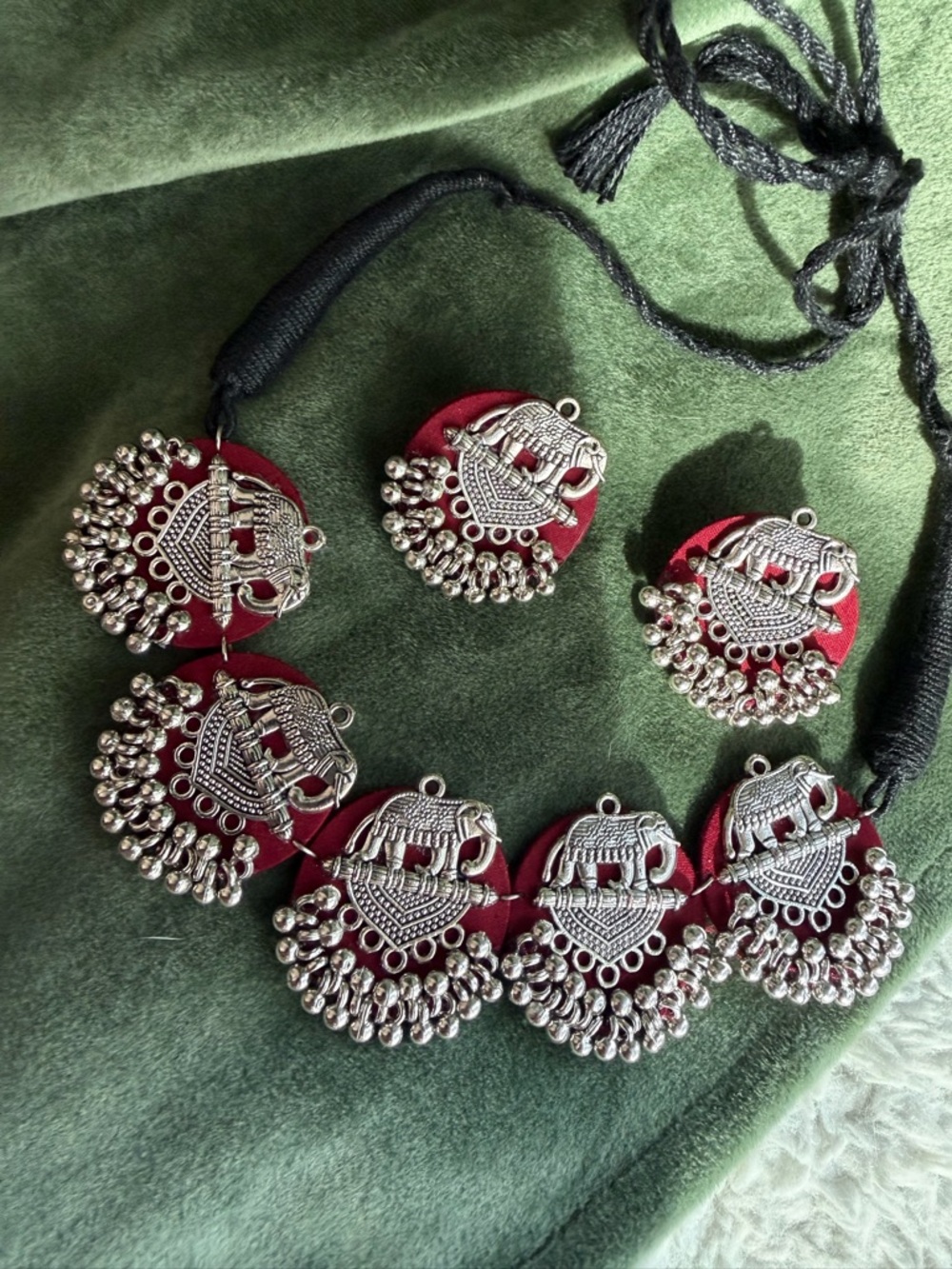 Oxidized Silver Elephant Motif Red Statement Necklace - Women Jewelry